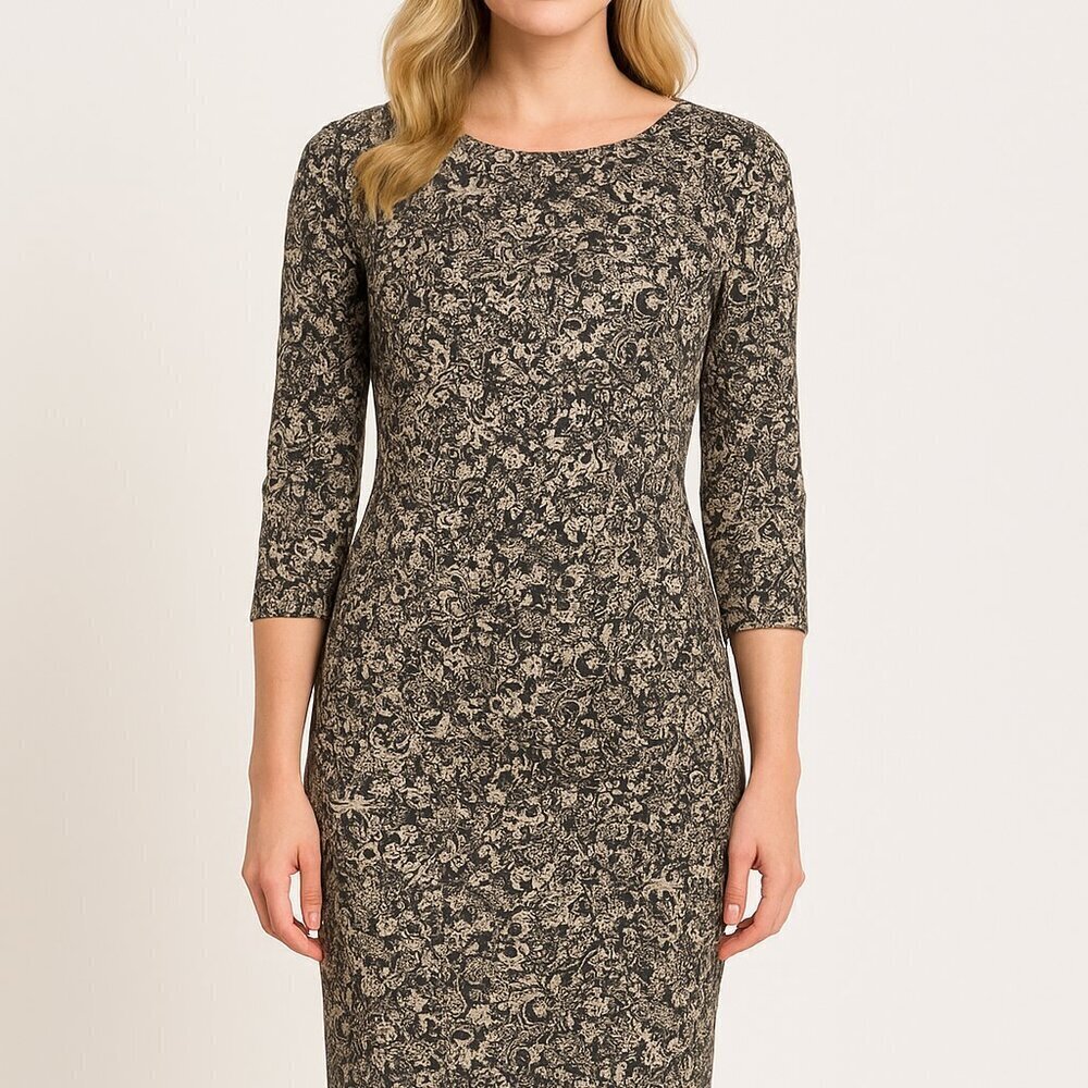 Floral Bodycon Sheath Dress Size Small Black Tan Rouching Cinched Preppy Verse